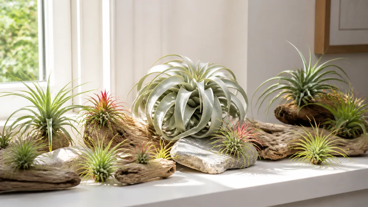 A collection of various Tillandsia air plants arranged on natural driftwood and stones on a bright white shelf near a window with a large silvery xerographica rosette as centerpiece and small ionantha showing red pre-bloom color no soil or pots visible