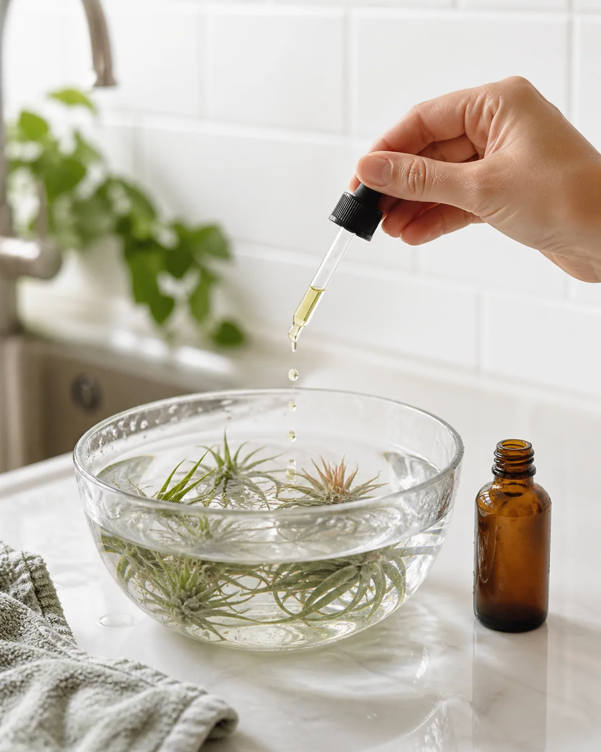 A small brown glass dropper bottle of liquid plant fertilizer next to a clear glass bowl of water with several Tillandsia air plants about to be soaked with a few drops of fertilizer being added to the water on a clean bright counter in soft natural light