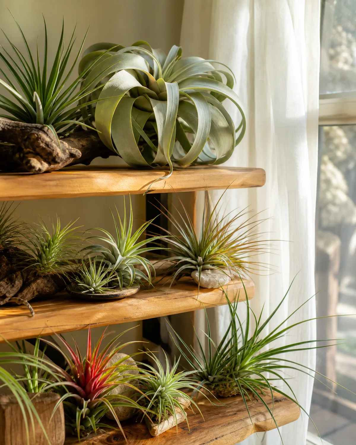 A collection of Tillandsia air plants arranged near a bright south-facing window with a sheer white curtain softly diffusing the light various species on a natural wooden shelf all showing healthy color in ideal bright indirect conditions with warm golden natural light