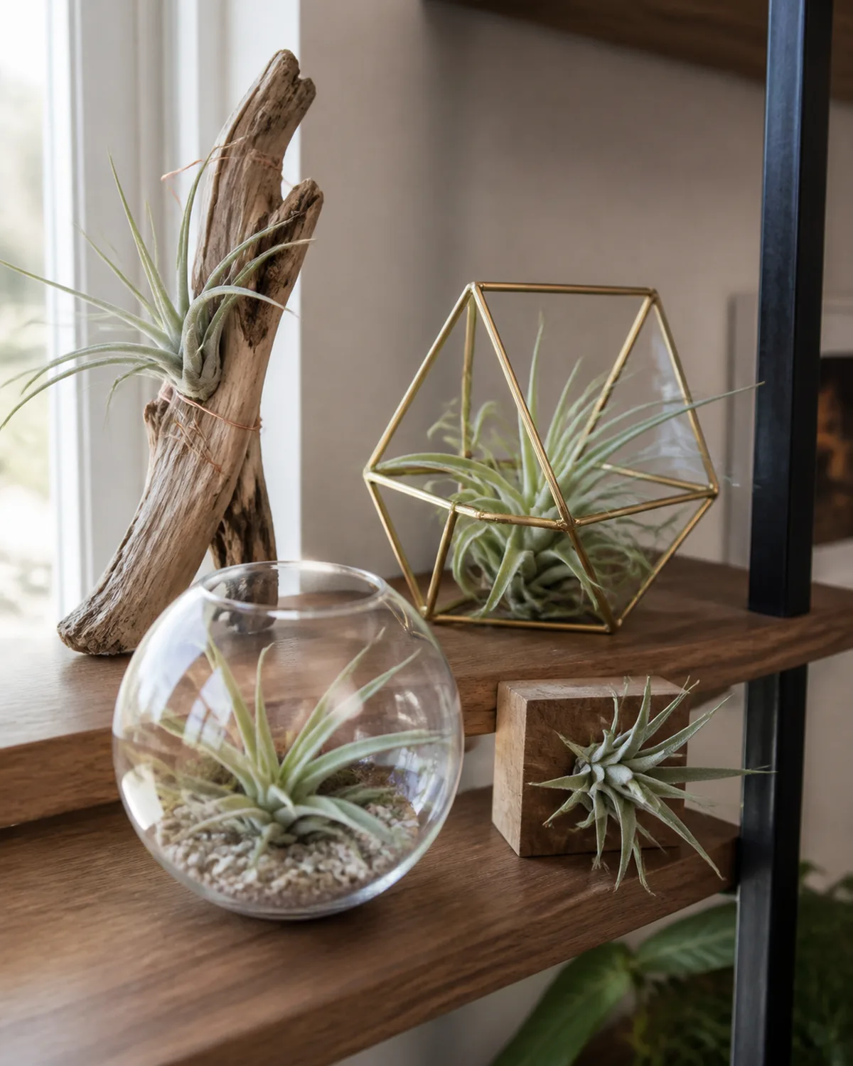 Creative air plant display arrangement showing four distinct mounting methods with one Tillandsia mounted on natural driftwood with thin wire one sitting in a geometric brass wireframe holder one displayed in an open-top glass globe and one on a small wooden magnetic mount all near bright natural light