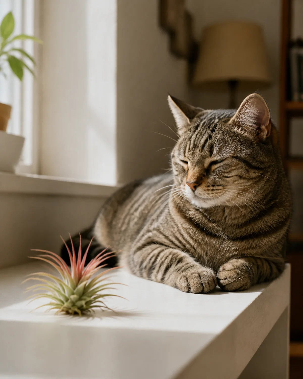 A small Tillandsia ionantha air plant on a bright windowsill shelf beside a relaxed tabby cat that is completely ignoring the plant lounging lazily with eyes half-closed showing zero interest in the air plant in warm cozy interior with soft natural afternoon light