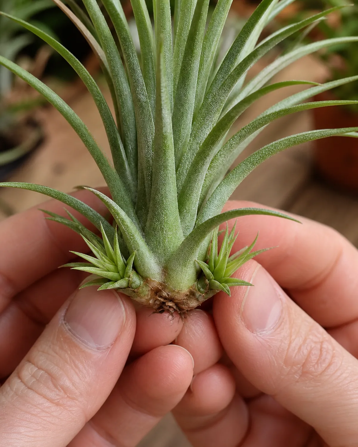 Close-up of a mother Tillandsia ionantha with two small pups emerging from the base between the lower leaves with the pups approximately one-third the size of the mother plant with their own tiny leaf rosettes and gentle hands holding the plant to show attachment point