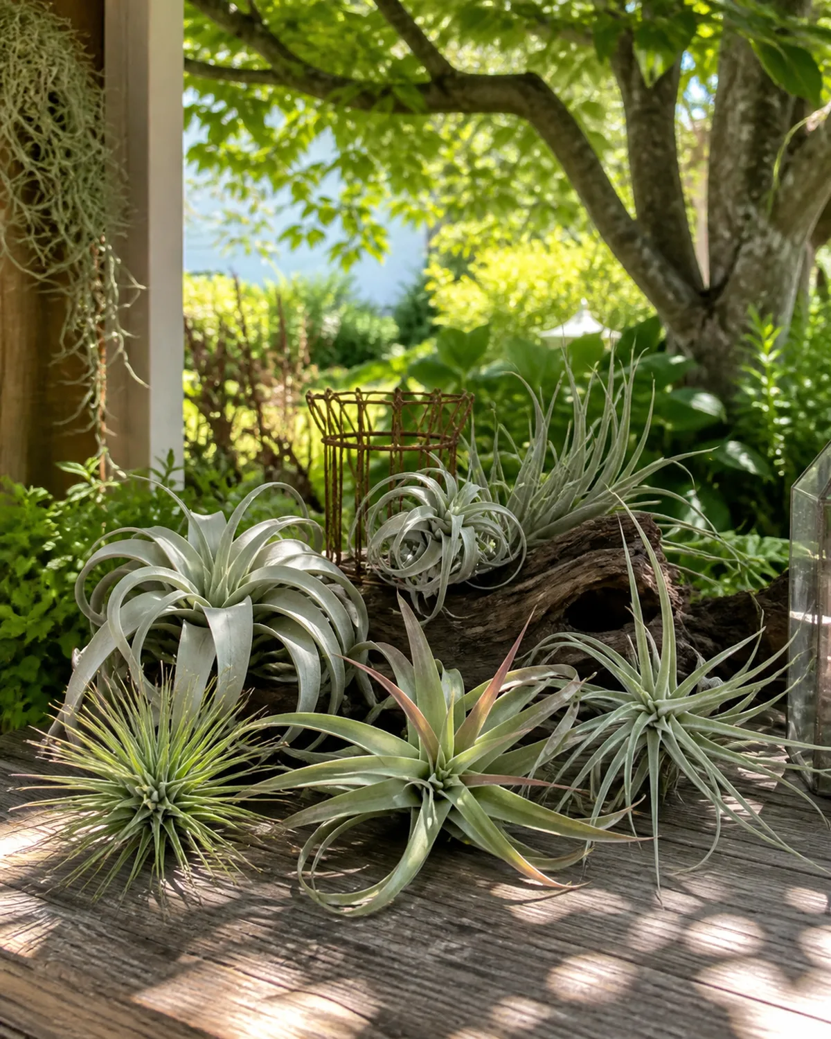 Several Tillandsia air plants displayed outdoors on a covered patio in dappled shade under a large tree with bright summer afternoon light filtering through leaves creating shadow patterns on a rustic wooden table with lush green garden visible in blurred background