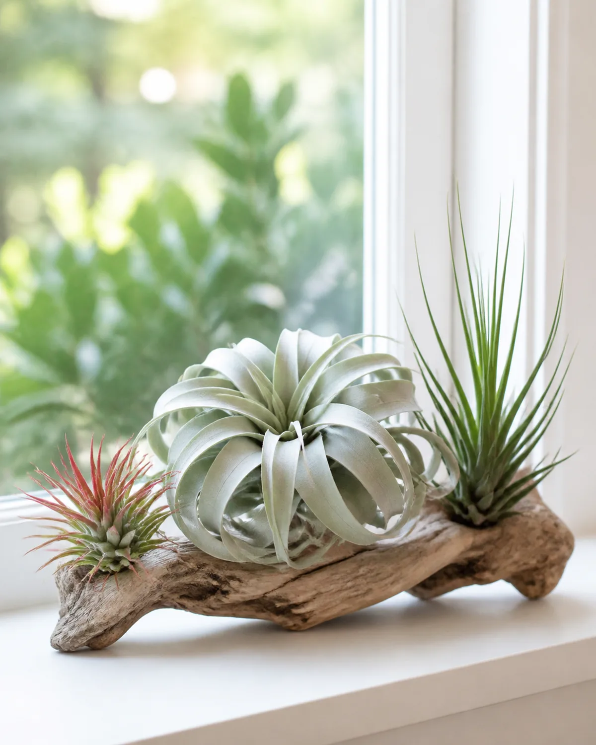 The recommended starter trio of air plants arranged together on a piece of natural driftwood with a small T. ionantha with red-tipped leaves on the left a large silvery T. xerographica rosette in the center and a compact green T. stricta on the right on a bright windowsill