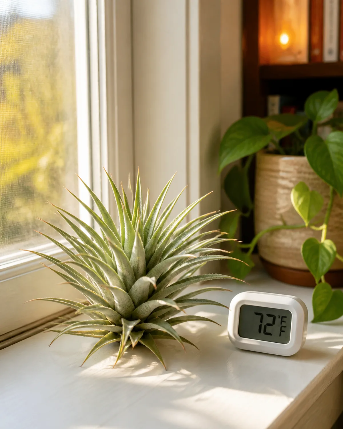 A healthy compact Tillandsia ionantha sitting on a bright windowsill in warm afternoon light with a small digital thermometer visible nearby showing around 72 degrees with the plant showing good compact rosette form and silvery-green color