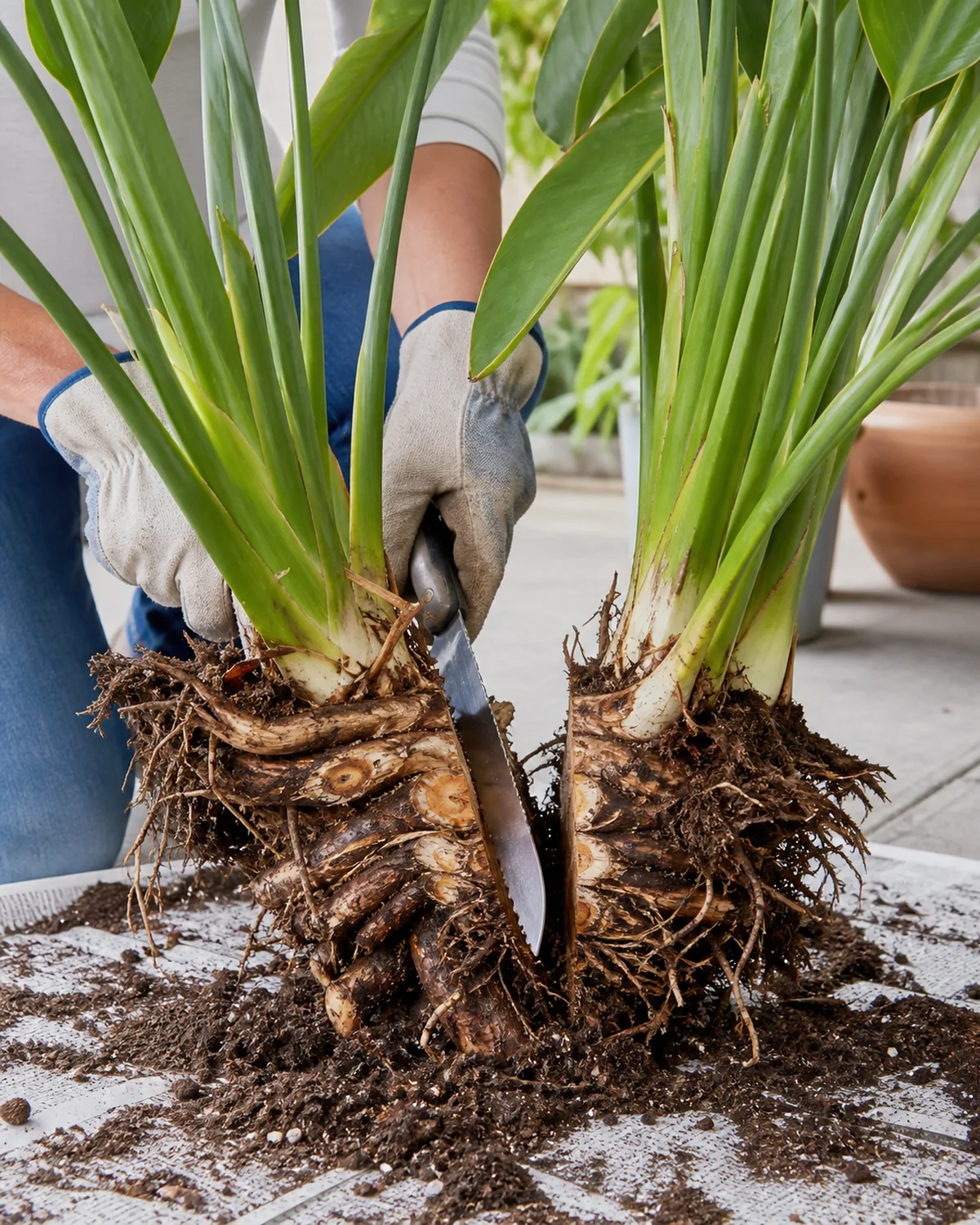 A person wearing gardening gloves using a sharp serrated knife to divide a large bird of paradise clump on a patio the dense woody rhizome mass visible and being separated into two sections each with multiple leaf fans soil scattered on newspaper underneath bright natural light clear view of the thick rhizomes being cut
