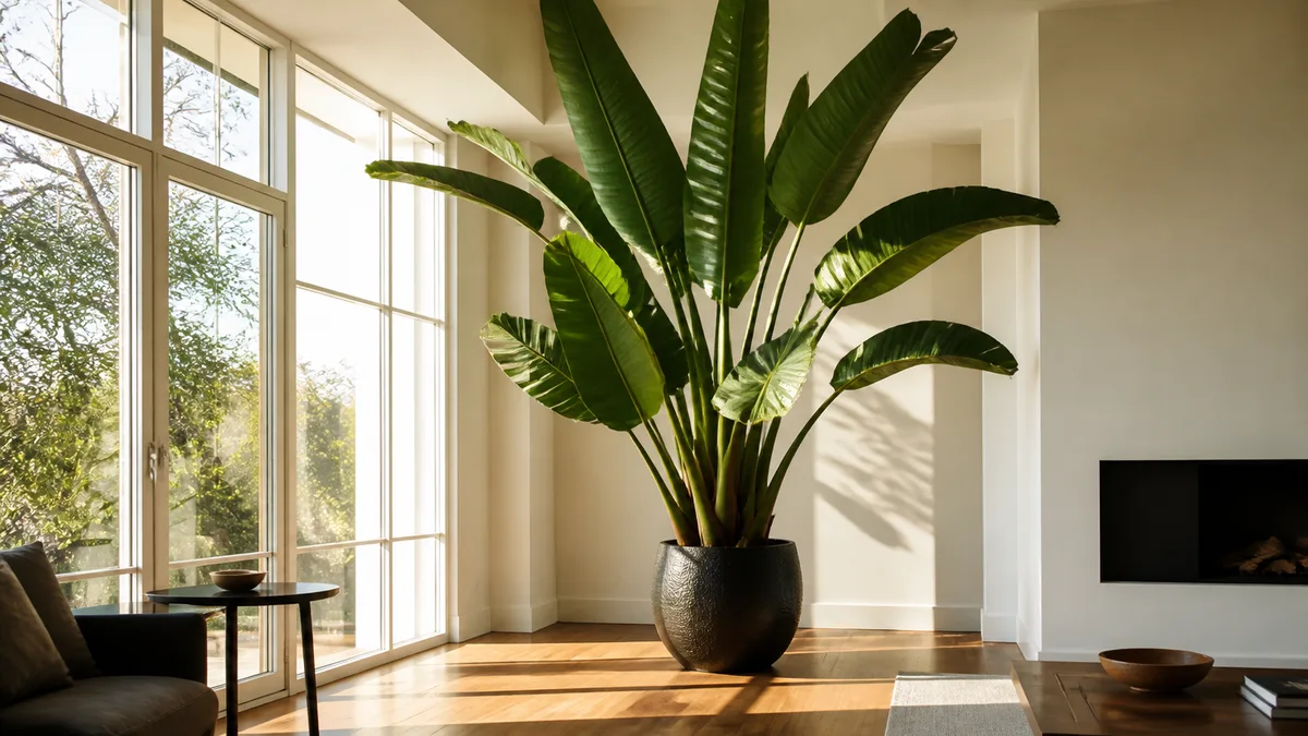 A dramatic mature Strelitzia nicolai bird of paradise plant in a large dark ceramic pot on a warm hardwood floor next to a bright south-facing window with enormous banana-like leaves fanning out tall and reaching toward the ceiling strong natural sunlight streaming through creating leaf shadows on the floor modern minimalist living room