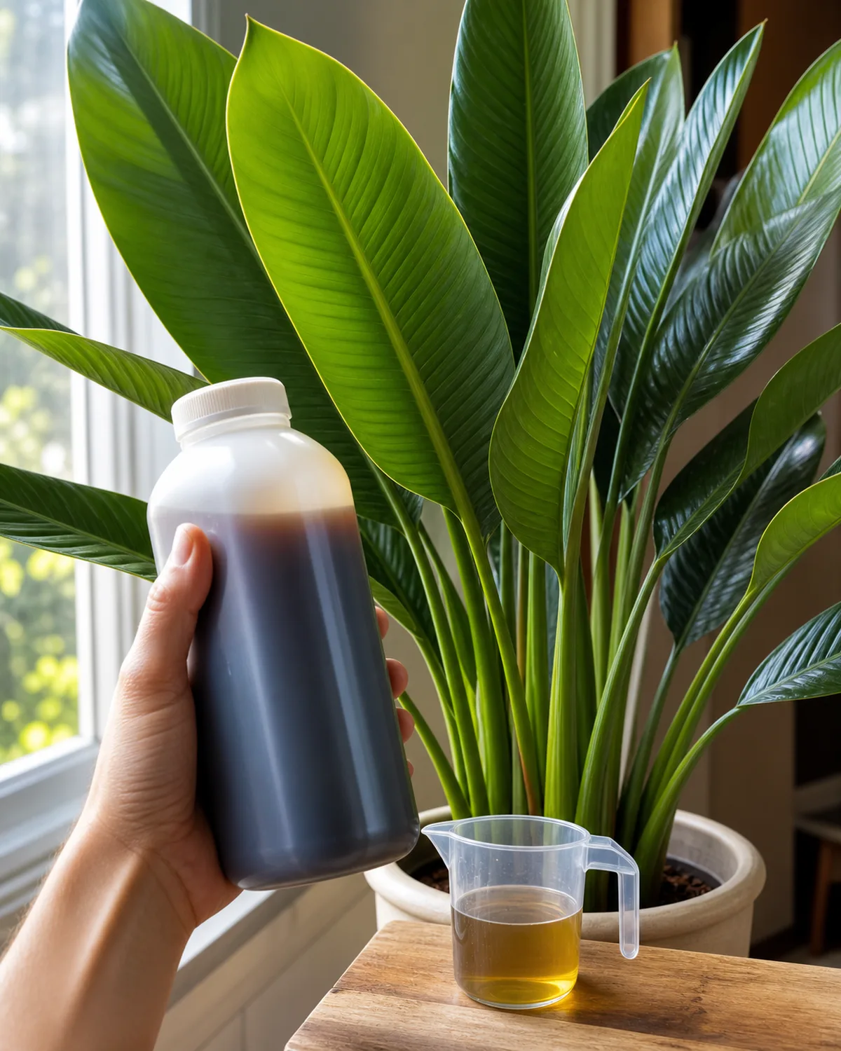 Close-up of a hand holding a bottle of liquid plant fertilizer next to a healthy bird of paradise with lush deep green upright leaves showing strong vigorous growth a measuring cup with diluted fertilizer visible bright warm natural light clean simple composition