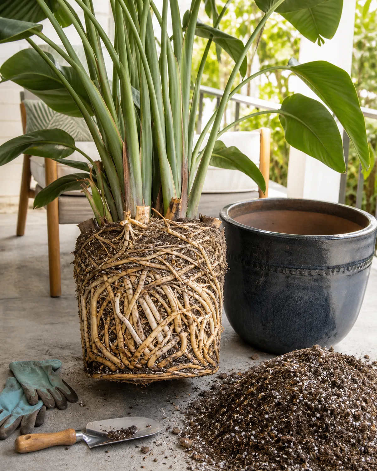 A bird of paradise plant being repotted the plant lifted out of its old pot revealing a dense massive rootball of thick white and tan woody rhizomes and roots completely filling and wrapping around the pot shape a larger heavy dark ceramic pot waiting nearby with fresh soil mix piled beside it gardening gloves and a hand trowel visible bright natural light on a covered patio