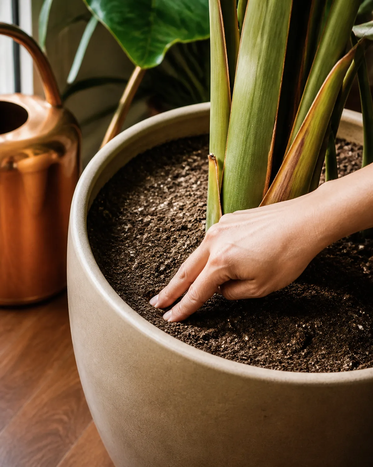 Close-up of a person pressing two fingers into the top layer of soil in a large bird of paradise pot to check moisture level the soil surface slightly dry and crumbly at the top the thick green pseudostem of the bird of paradise rising from the soil a copper watering can sitting nearby on the floor warm natural light
