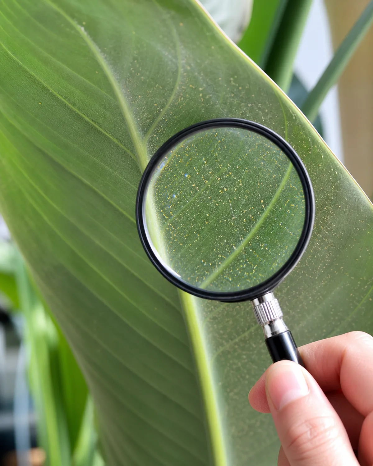 Close-up of the underside of a bird of paradise leaf showing early spider mite damage with fine delicate webbing visible between the leaf veins small stippled yellow dots scattered on the leaf surface a hand holding a magnifying glass to inspect the damage closely bright natural light educational diagnostic composition