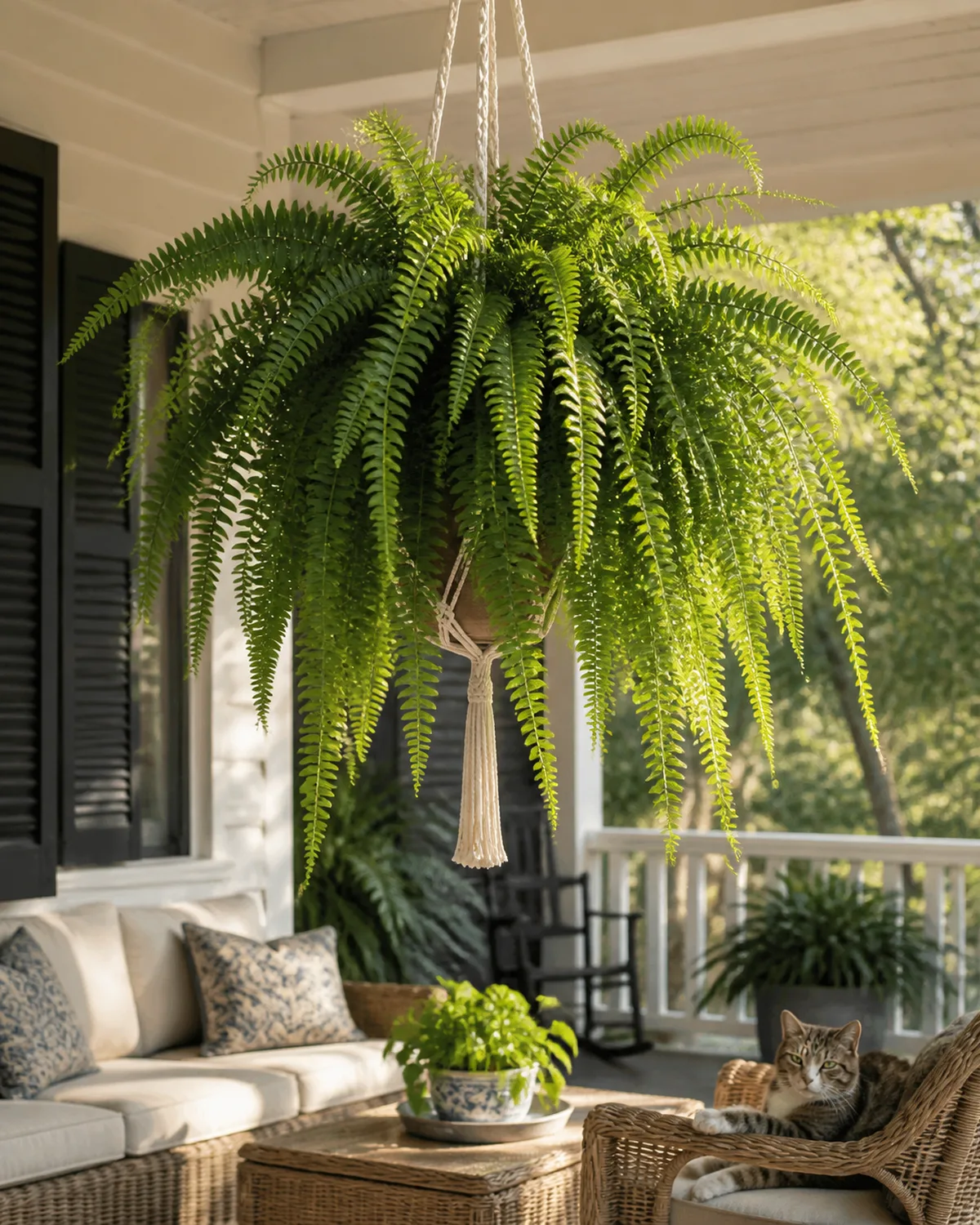 A large Boston fern in a macrame hanger on a covered porch with lush fronds cascading dramatically warm afternoon light filtering through a comfortable seating area visible below and a cat lounging nearby on a porch chair showing a Southern veranda atmosphere