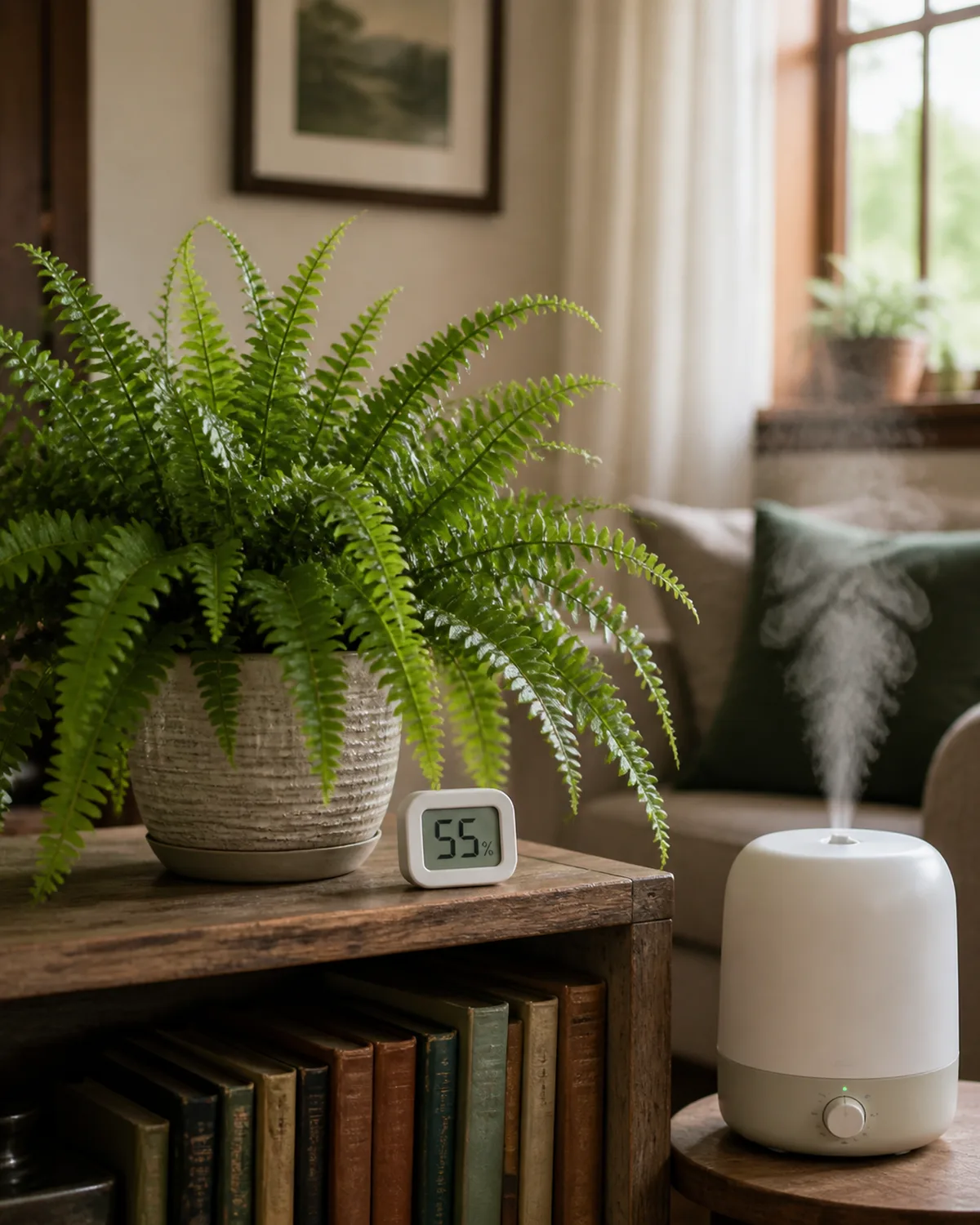 A Boston fern in a comfortable living room setting with a small digital hygrometer on the shelf beside the pot reading a humidity level around 55 percent and a compact humidifier running nearby with visible mist in warm cozy interior with soft natural light