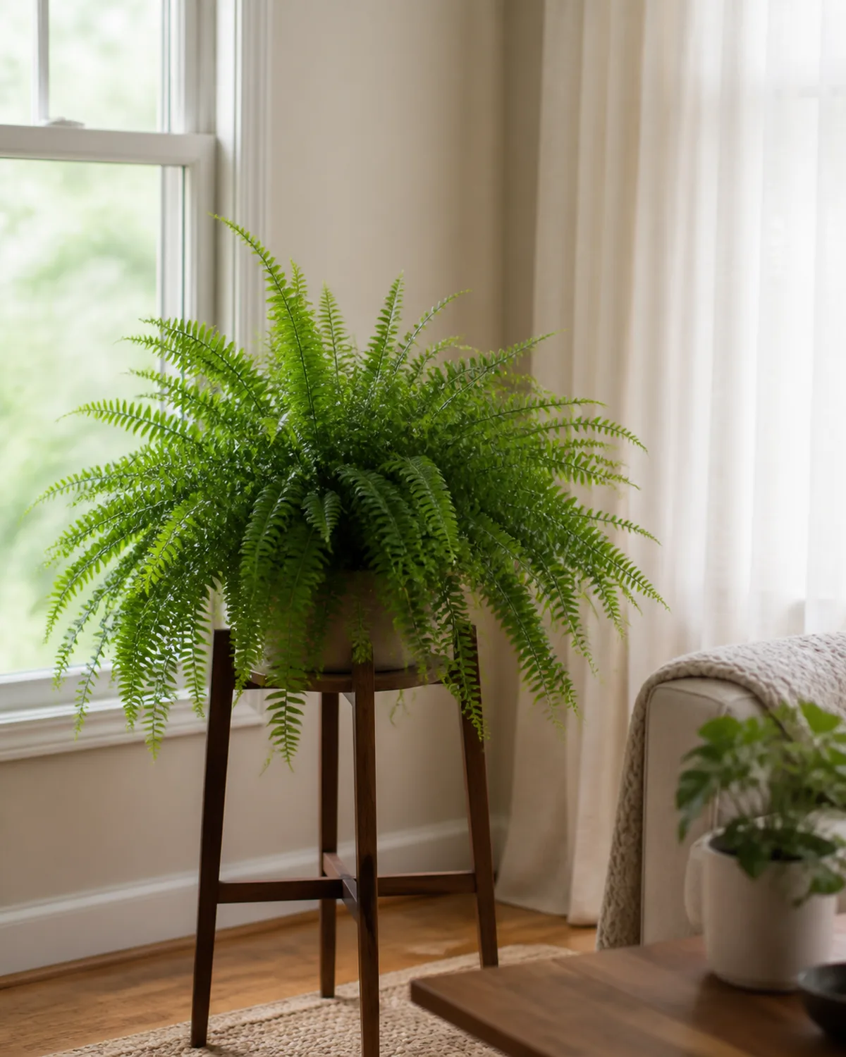 A Boston fern on a wooden plant stand near a north-facing window with bright ambient light filling the room no direct sun hitting the fronds sheer curtains softening any light from an adjacent window the fern full and healthy in its ideal light conditions