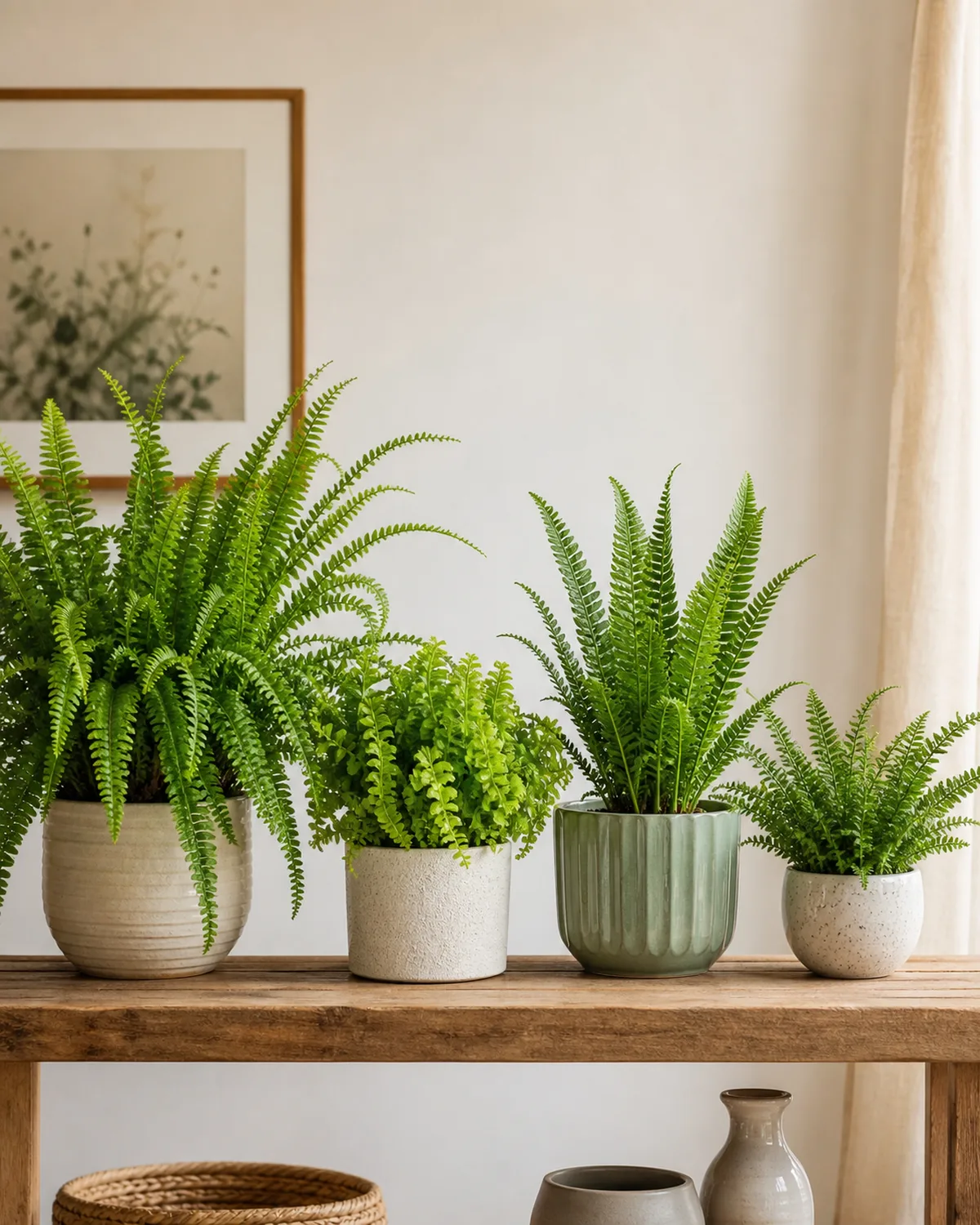 A curated display of different Boston fern varieties side by side on a styled wooden shelf showing the classic tall arching Bostoniensis a compact ruffled Fluffy Ruffles a neat upright Kimberly Queen and a small Dallas fern each in a complementary pot