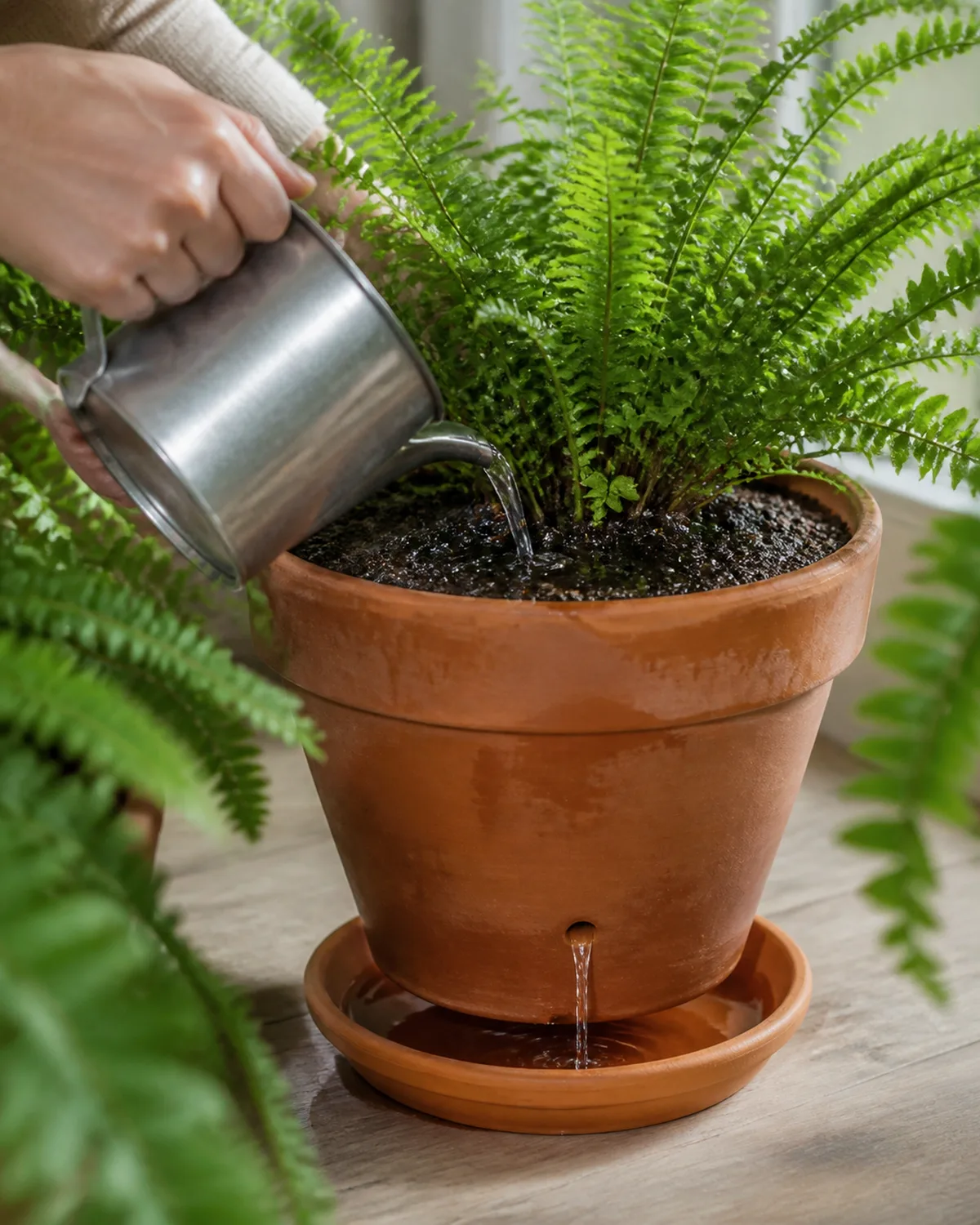 Hands watering a Boston fern in a terracotta pot water being poured gently and evenly over the soil surface water beginning to drain from the bottom drainage hole into a saucer below the soil visibly moist and dark with green fronds framing the shot