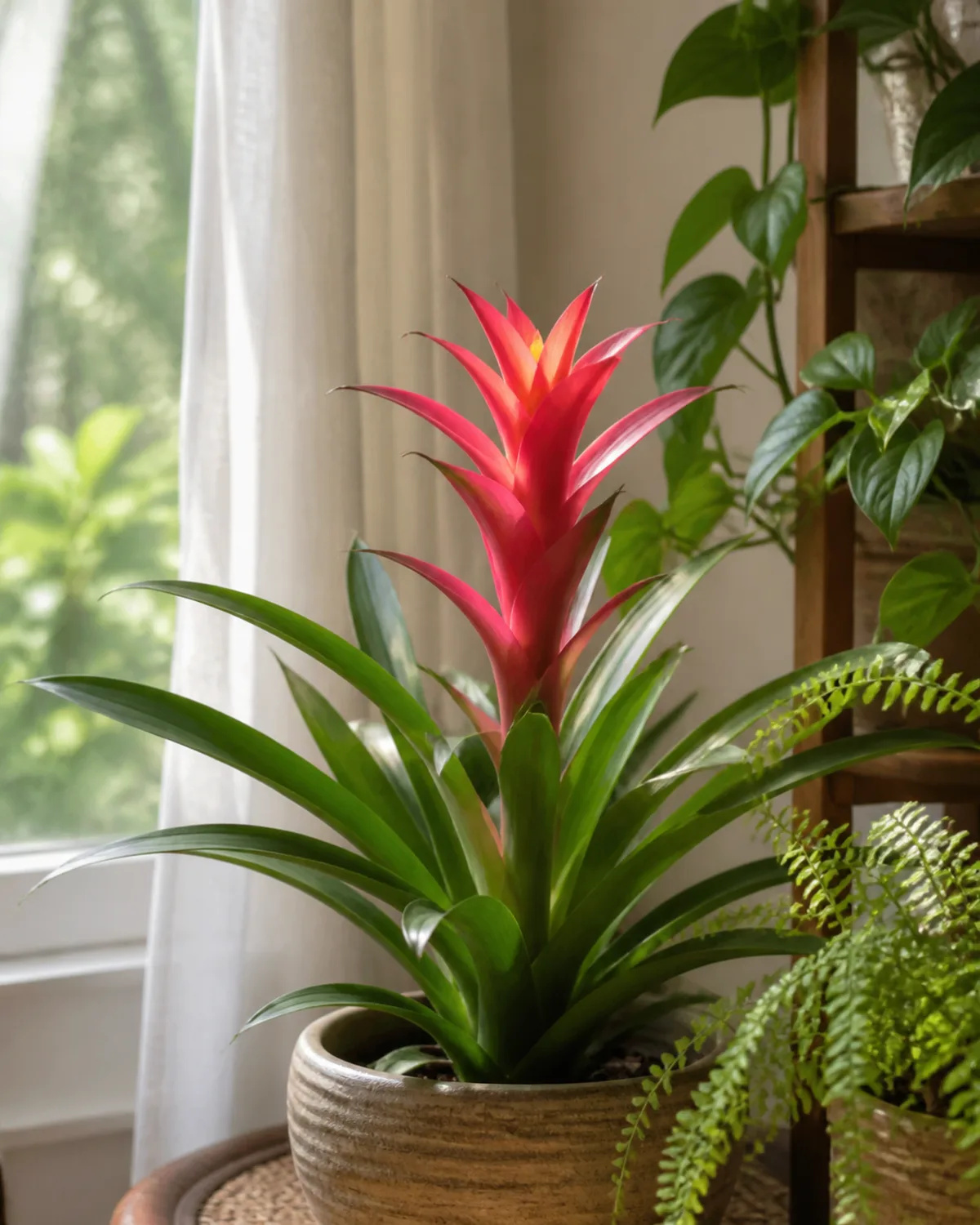 A bromeliad with colorful red-pink bracts in a bright room near an east-facing window with filtered morning light and a sheer curtain softening direct sun in a warm inviting plant corner setting