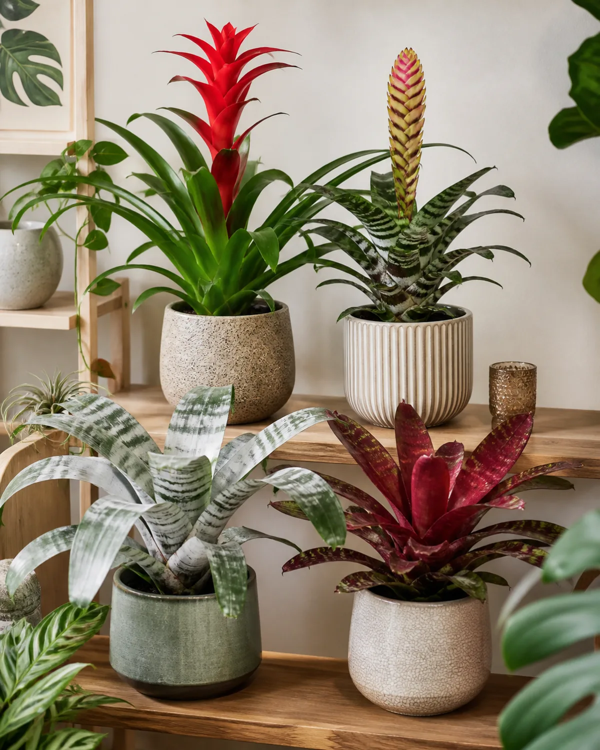 A curated collection of different bromeliad species arranged together including a red Guzmania, a striped Vriesea, a silver-banded Aechmea, and a red-centered Neoregelia each in a complementary ceramic pot on a styled plant shelf