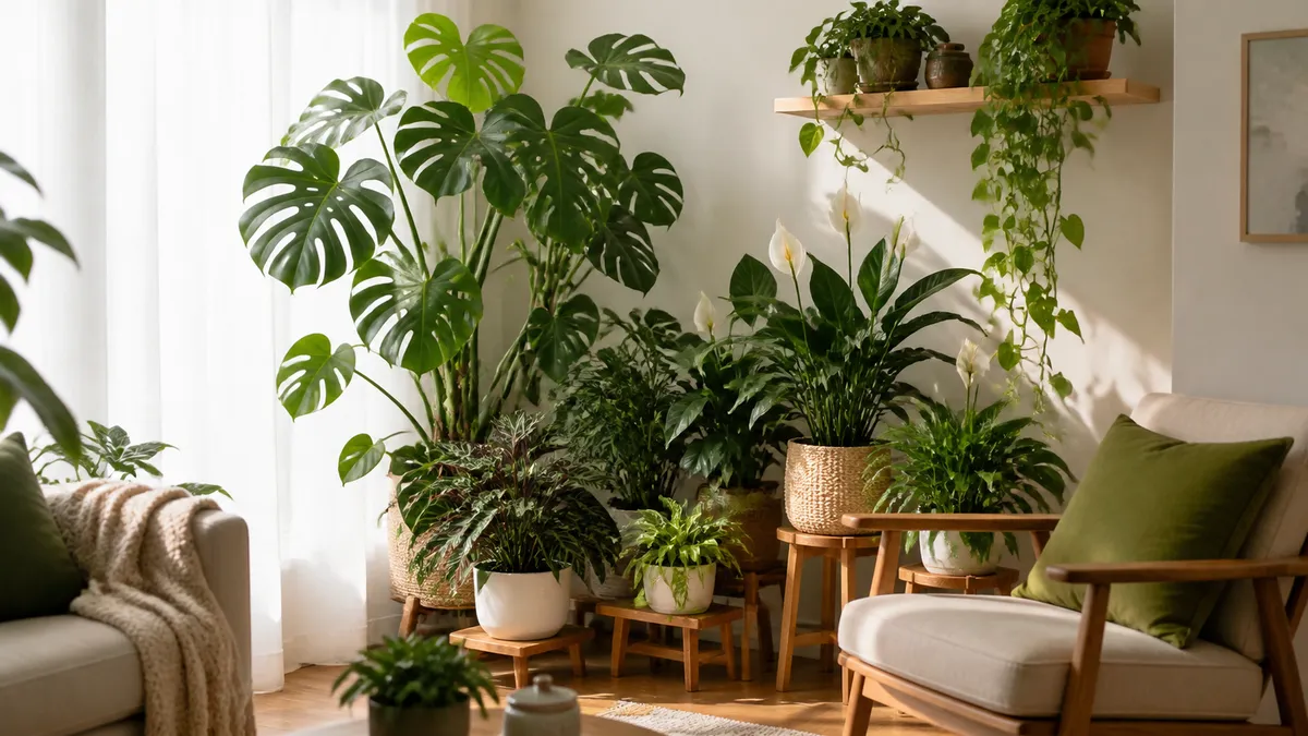 A stunning bright living room corner transformed into a lush indoor garden with a tall monstera providing canopy and medium peace lilies and calatheas at mid-level on wooden plant stands with trailing pothos cascading from a high shelf in morning light
