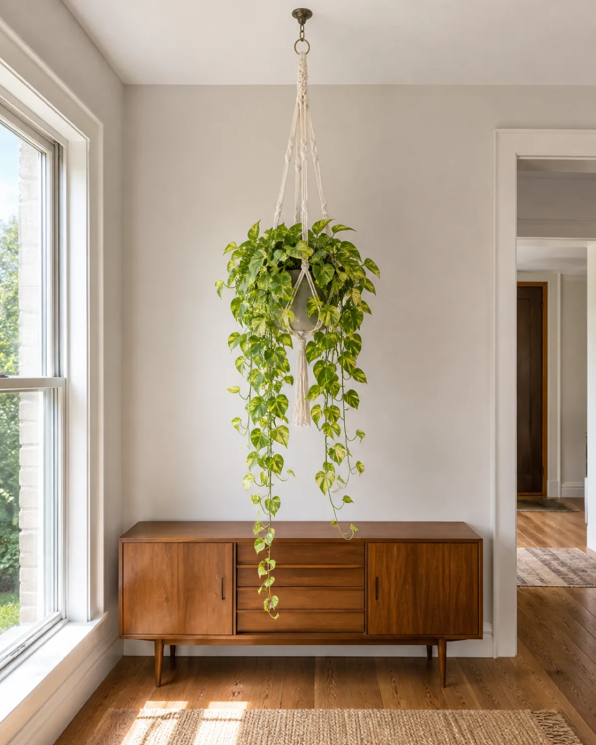 A vertical composition showing the full height from ceiling to floor of a bright modern room with a single large macrame plant hanger holding a lush trailing pothos with long golden green vines cascading down at least two feet below the pot the ceiling hook and ring visible at top the macrame knot pattern clearly visible in natural cream cotton cord