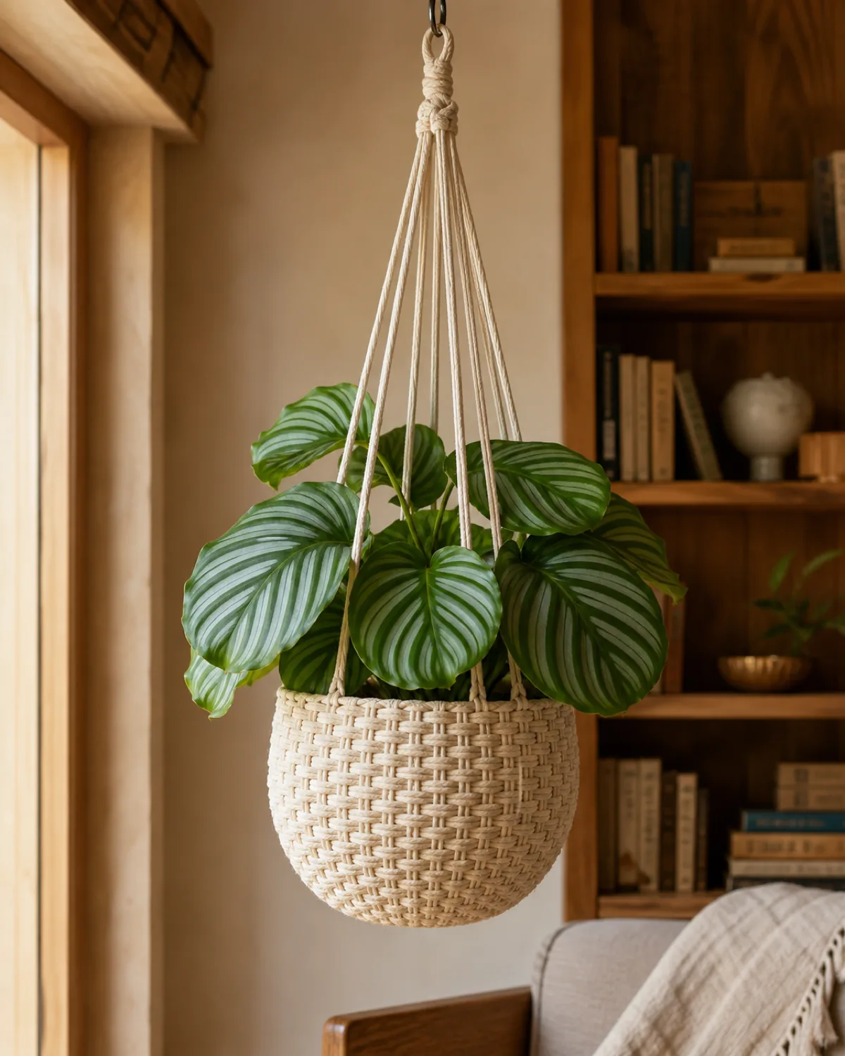 A basket-weave macrame plant hanger with a tightly woven bowl-shaped bottom fully enclosing a round ceramic pot holding a lush calathea orbifolia with large round striped green leaves the woven basket texture clearly visible in fine 3mm natural cotton cord