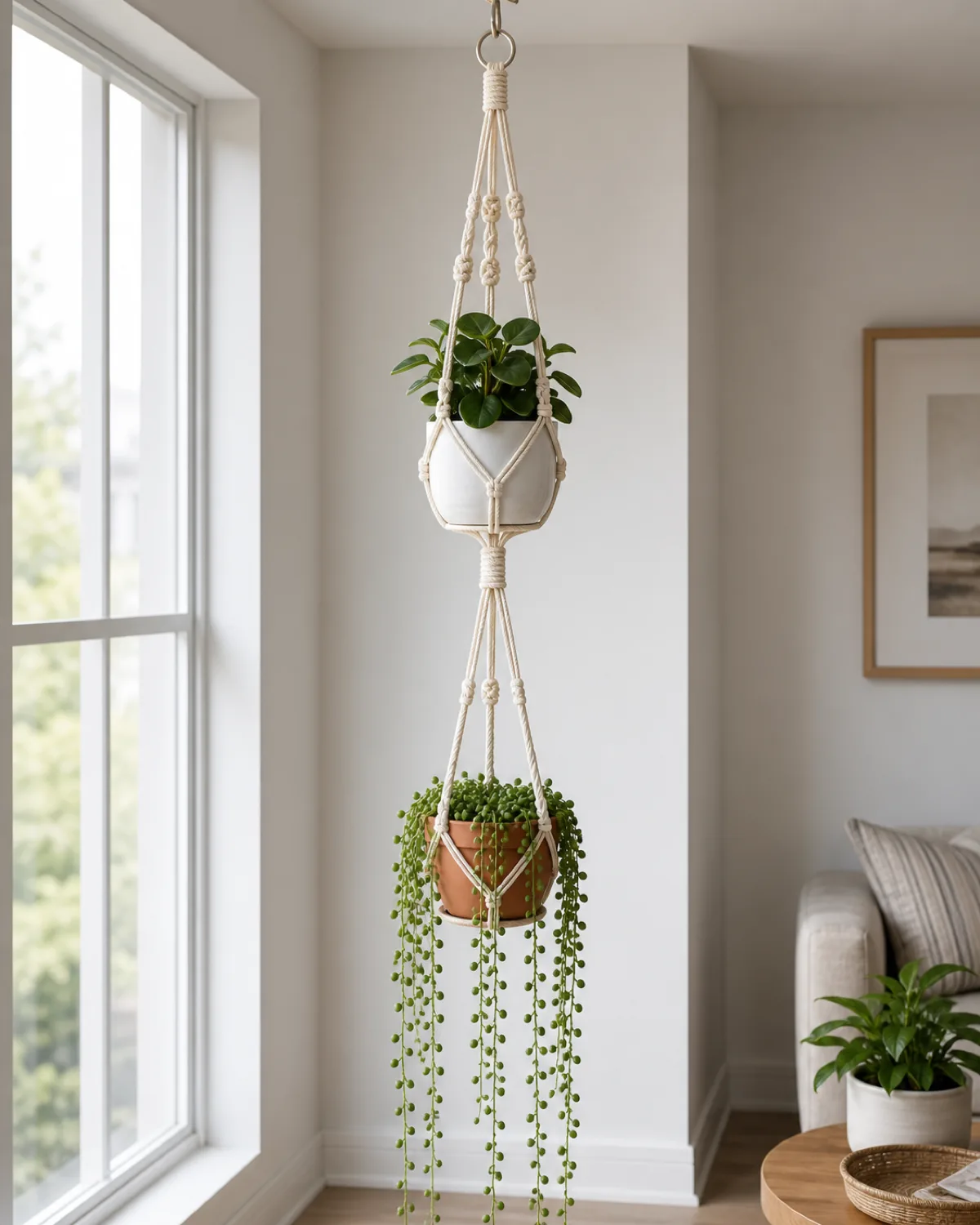 A double-tier macrame plant hanger with two plants at different heights upper tier holding a small compact peperomia in a white pot lower tier holding a trailing string of pearls in a terracotta pot with pearl strands drooping well below the cradle