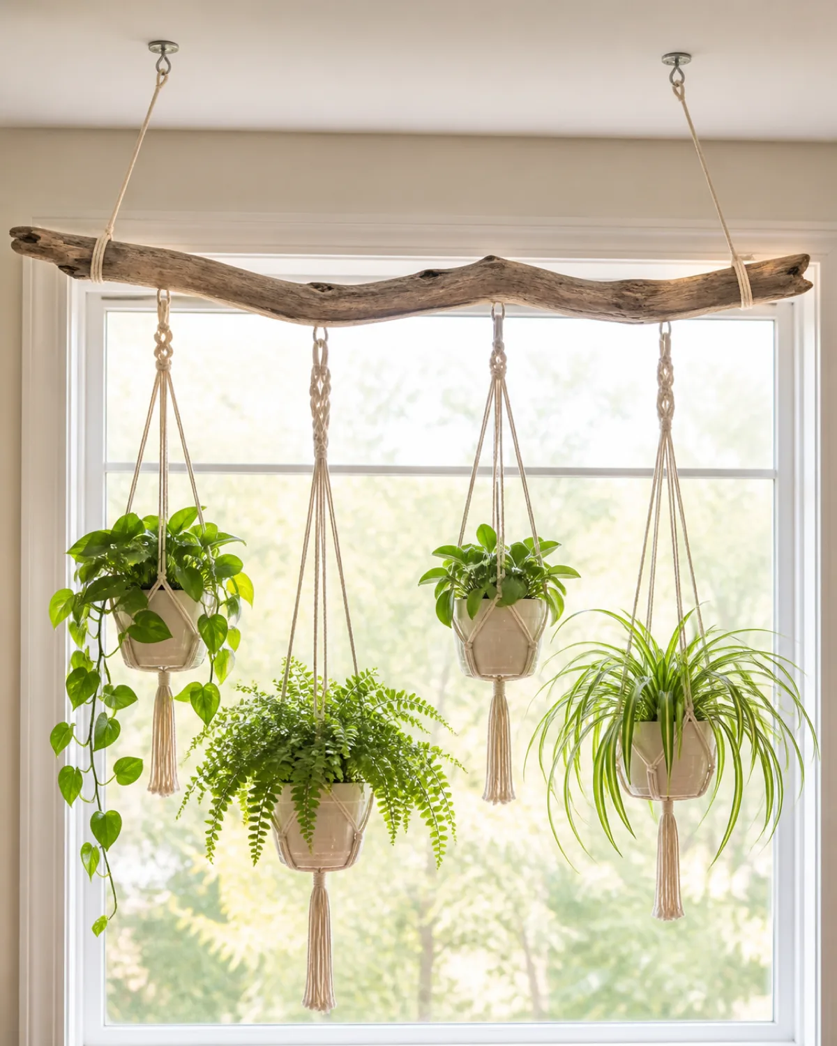 A horizontal driftwood branch approximately three feet wide suspended from two ceiling hooks by macrame cords with four independent macrame hangers of different lengths dropping from the branch each holding a different plant a trailing pothos a compact fern a peperomia and a spider plant