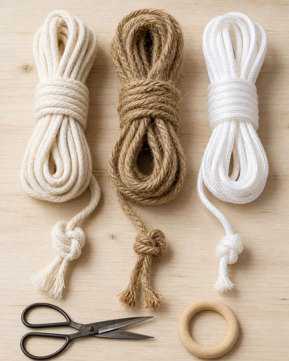 A flat-lay arrangement of three types of macrame cord coiled side by side natural cream cotton cord on the left showing soft fuzzy texture golden-brown jute cord in the middle showing rough fibrous texture and white synthetic nylon cord on the right showing smooth shiny finish with sample knots tied in each