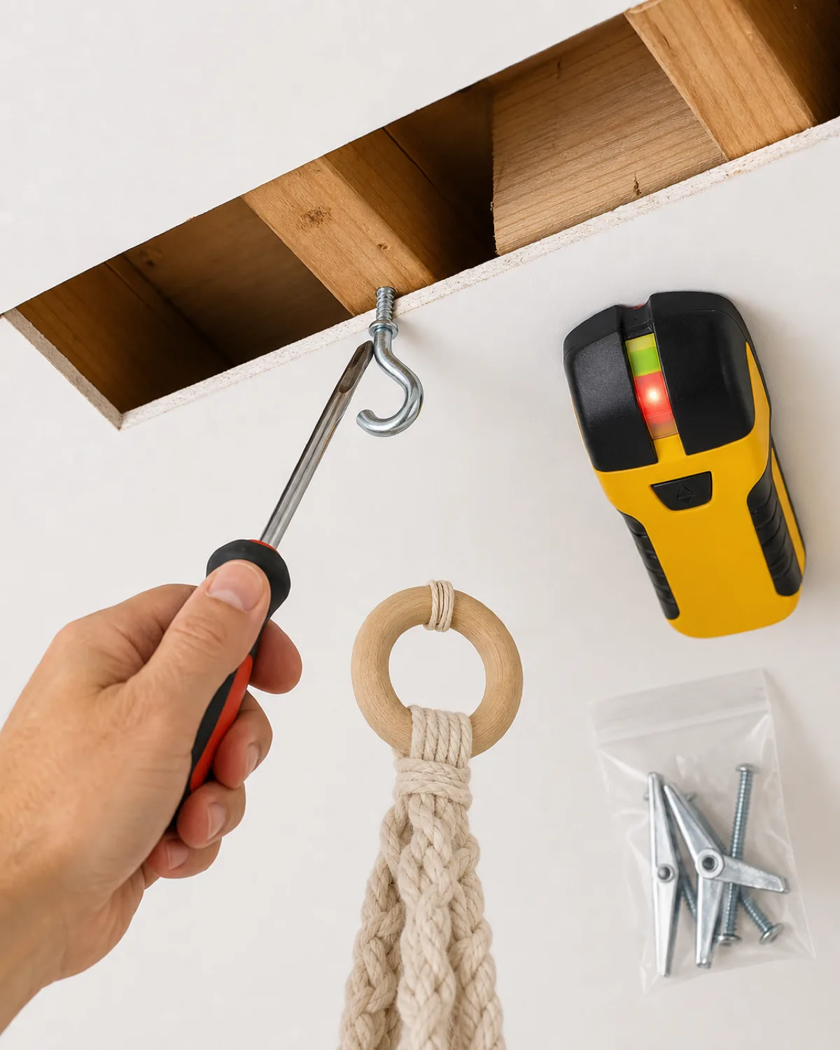 A close-up installation shot showing a ceiling screw hook being installed into a wooden ceiling joist with a stud finder sitting nearby a macrame ring ready to be looped onto the hook a toggle bolt package visible to the side for comparison
