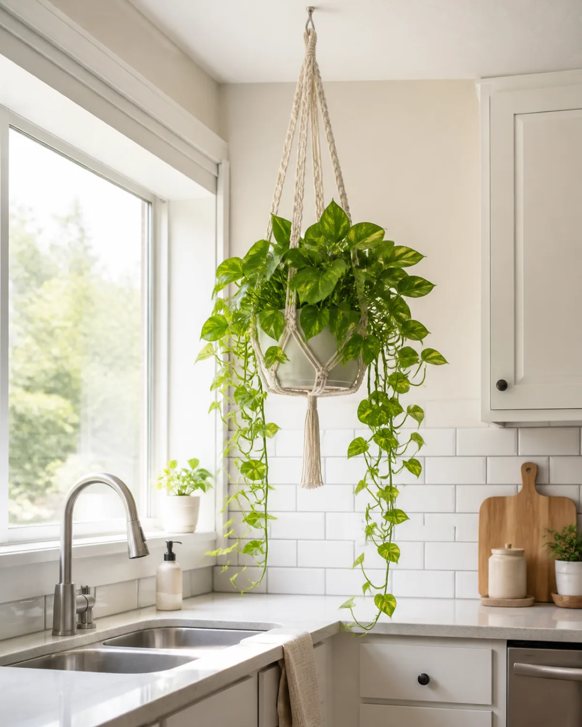A bright kitchen scene with a macrame plant hanger holding a lush trailing pothos hanging directly above and to the side of the kitchen sink area bright natural light from a window above the sink illuminating the plant the trailing vines cascading down near the backsplash