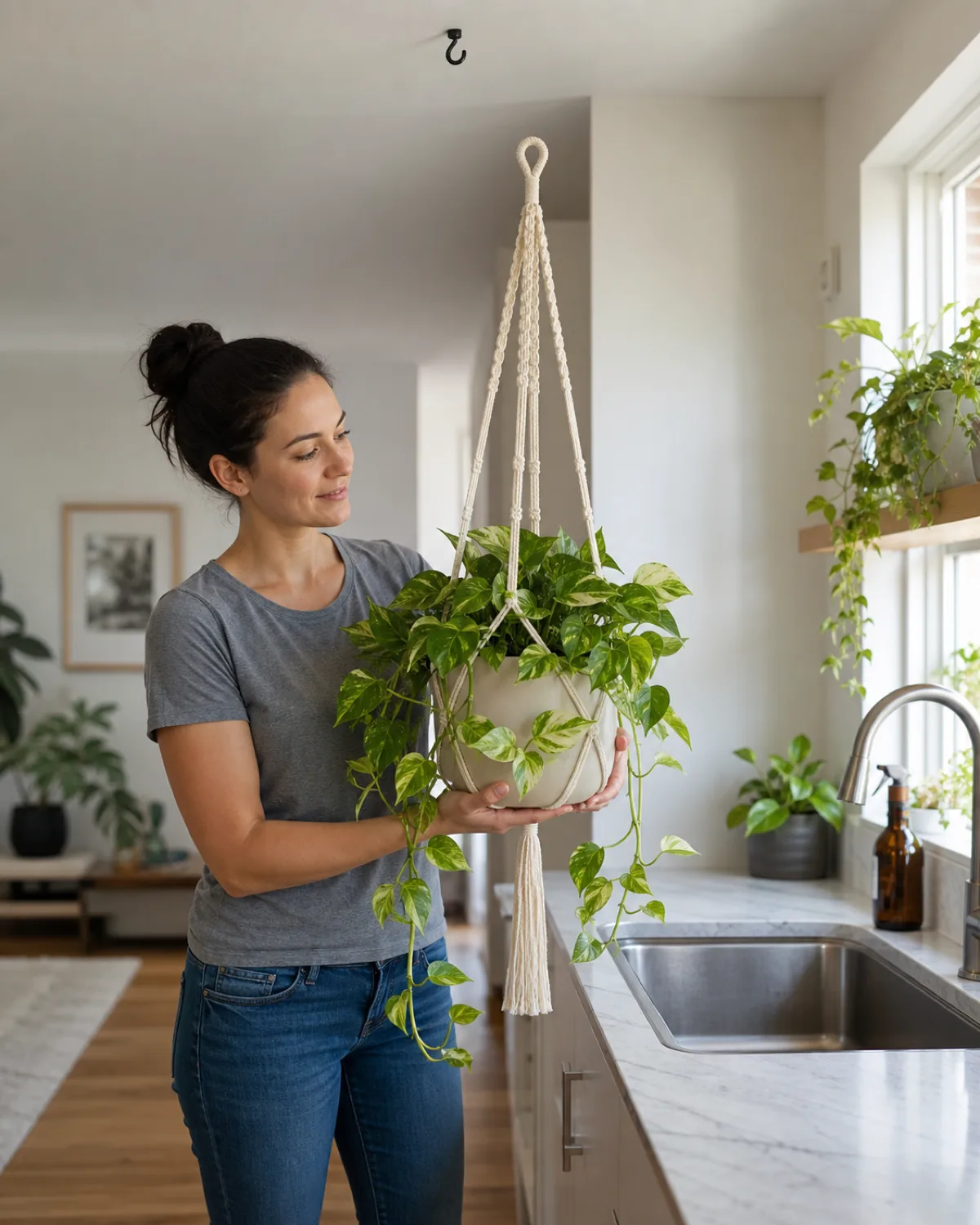 A person carefully taking down a macrame plant hanger from its ceiling hook and carrying it toward a kitchen sink for watering the trailing pothos vines visible the macrame cord in good clean condition bright natural light in a modern room