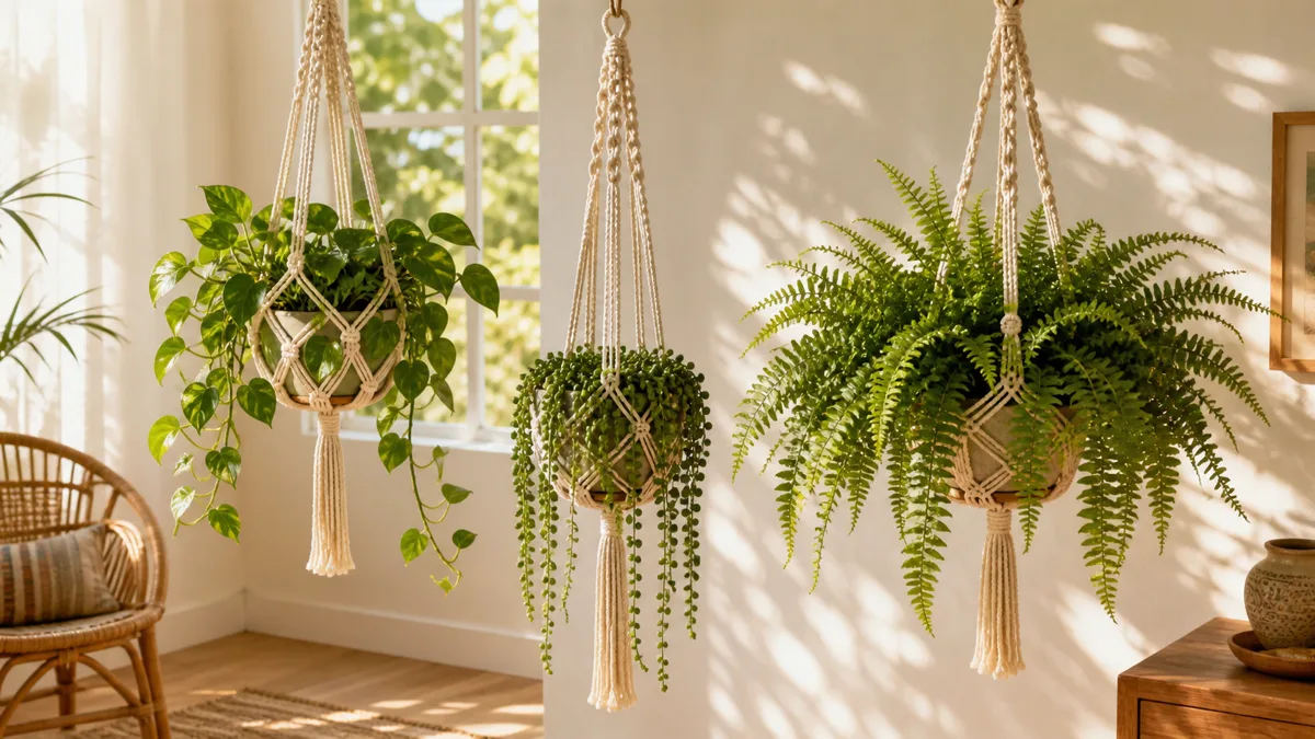 Three macrame plant hangers of different styles hanging at staggered heights in a bright bohemian living room corner holding a golden pothos a string of pearls and a boston fern in cream cotton cord with warm afternoon sunlight streaming through a large window