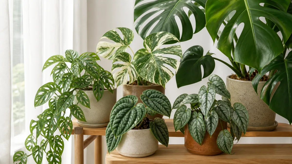 A curated display of different monstera varieties arranged on a light wooden plant stand near a bright window including a large monstera deliciosa with split leaves a trailing monstera adansonii a variegated Thai Constellation a textured monstera peru and a silver-leafed monstera siltepecana all in coordinated ceramic pots