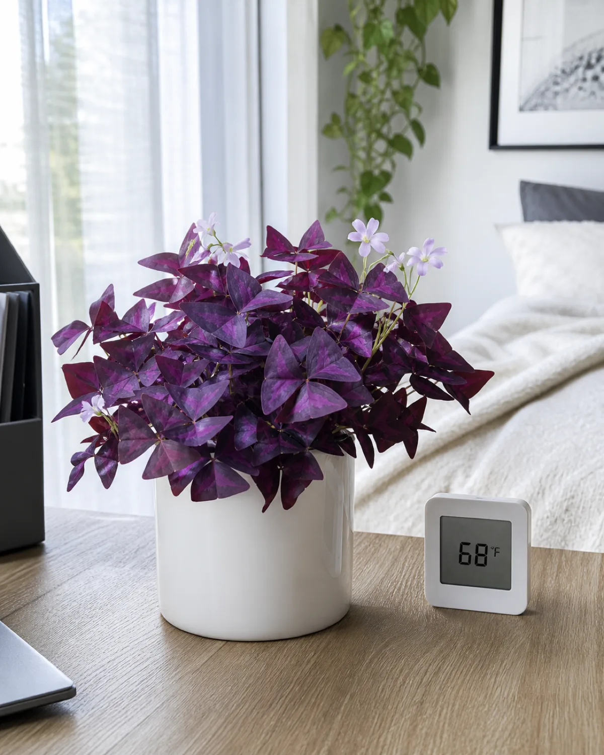 An oxalis triangularis in a white ceramic pot thriving on a desk in a cool bright bedroom or office setting with vibrant purple trifoliate leaves a window with sheer curtains letting in filtered daylight and clean modern minimalist interior