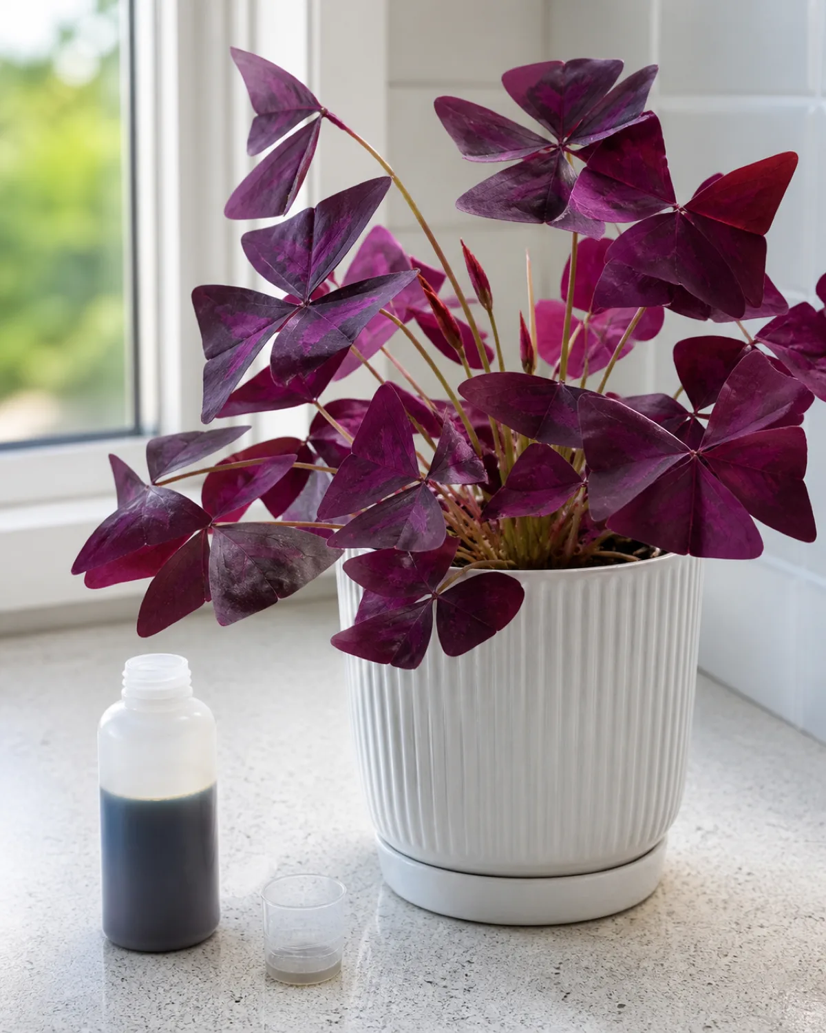 An actively growing oxalis triangularis with lush purple foliage in a white ceramic pot with a small bottle of liquid houseplant fertilizer and measuring cap beside the pot on a light countertop and several new young leaf shoots unfurling from the center