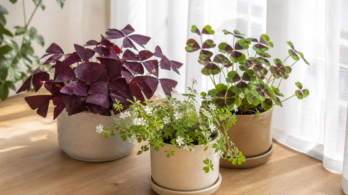 A beautiful arrangement of different oxalis varieties on a light wooden surface near a bright window including purple oxalis triangularis with deep burgundy triangular leaves green oxalis regnellii with small white flowers and Iron Cross oxalis tetraphylla with four leaflets showing dark cross patterns all in coordinated ceramic pots
