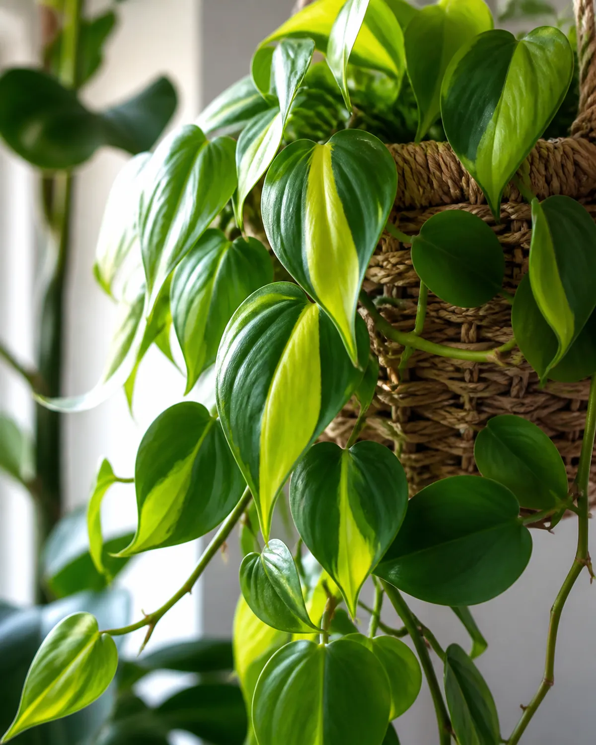 A Brasil philodendron showing distinctive lime-green and yellow center stripe variegation on heart-shaped leaves trailing from a woven hanging planter