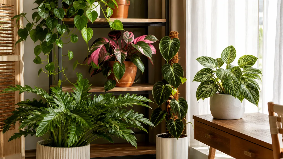 A curated collection of different philodendron varieties displayed on a modern plant shelf including trailing heartleaf with long glossy vines pink princess with bubblegum variegation Birkin with white pinstripes on a desk large Xanadu with lobed leaves on the floor and melanochrysum climbing a moss pole in coordinating pots with bright indirect light