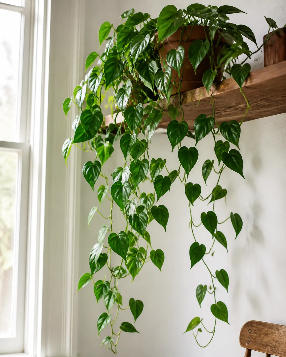 A lush heartleaf philodendron trailing from a high wooden shelf with long trailing vines and glossy dark green heart-shaped leaves in a simple terracotta pot