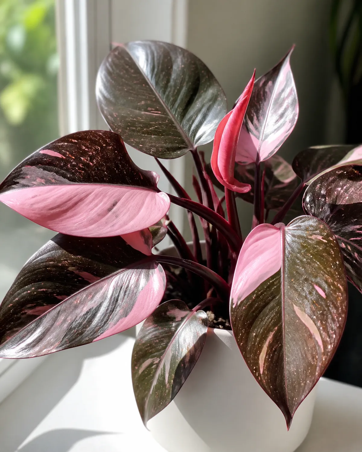 A Pink Princess philodendron showing leaves with bubblegum-pink and dark burgundy-green variegation in half-moon and splashed patterns in a matte white pot with bright window light