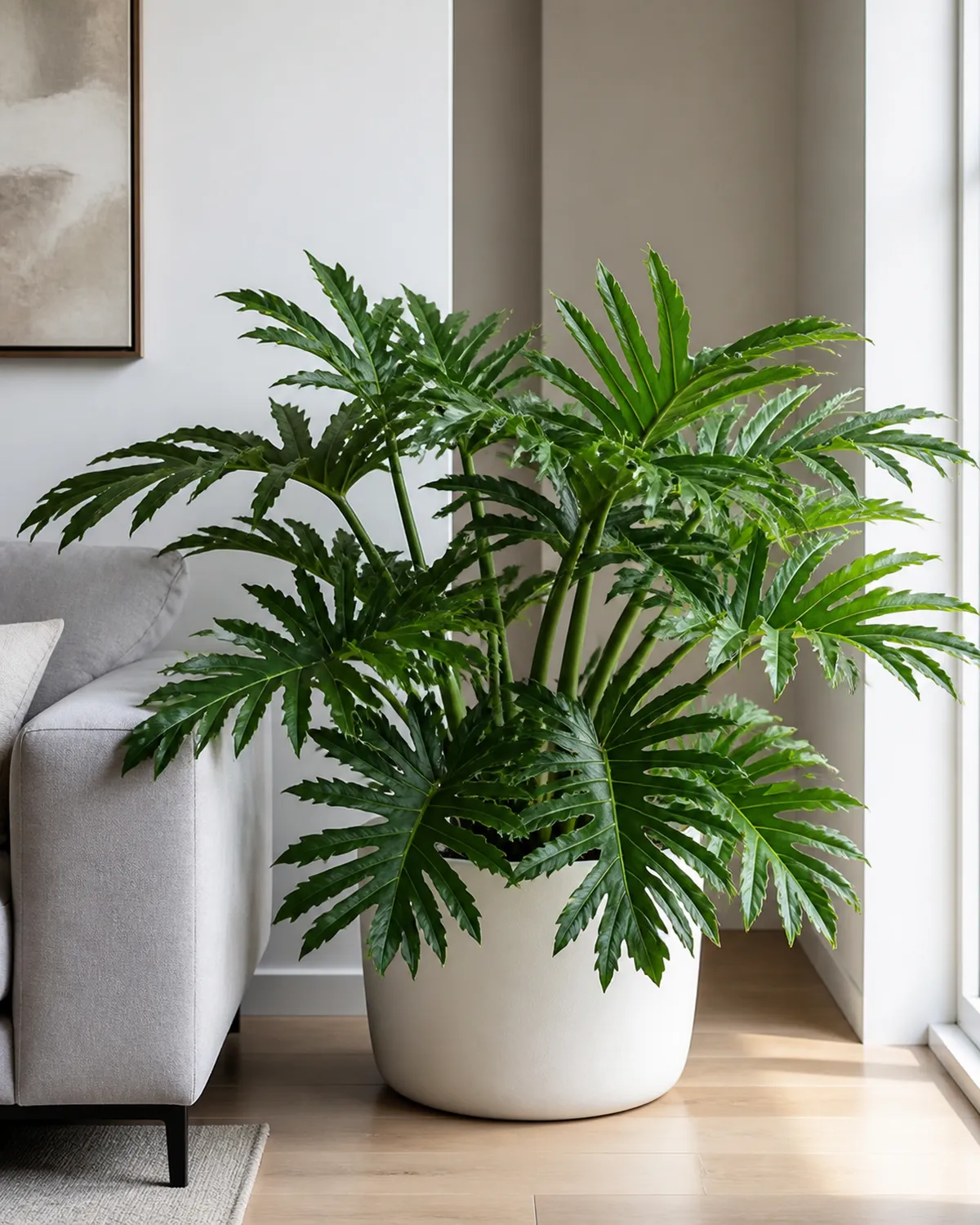 A large Xanadu philodendron in a floor setting beside a modern sofa with deeply lobed architectural leaves forming a symmetrical mound in a large white planter