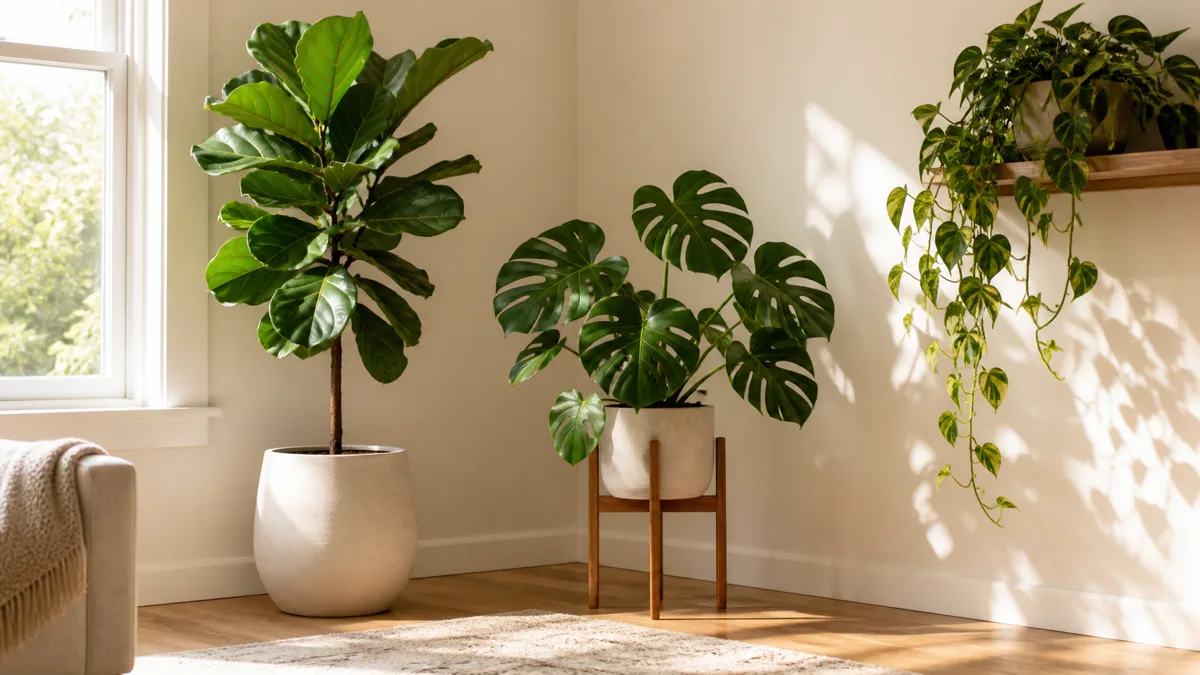 A beautifully styled bright living room corner where two cream walls meet with a tall fiddle-leaf fig in a white ceramic pot a medium monstera on a wooden plant stand and trailing golden pothos cascading from a wall shelf warm natural sunlight on light hardwood floor minimalist modern interior