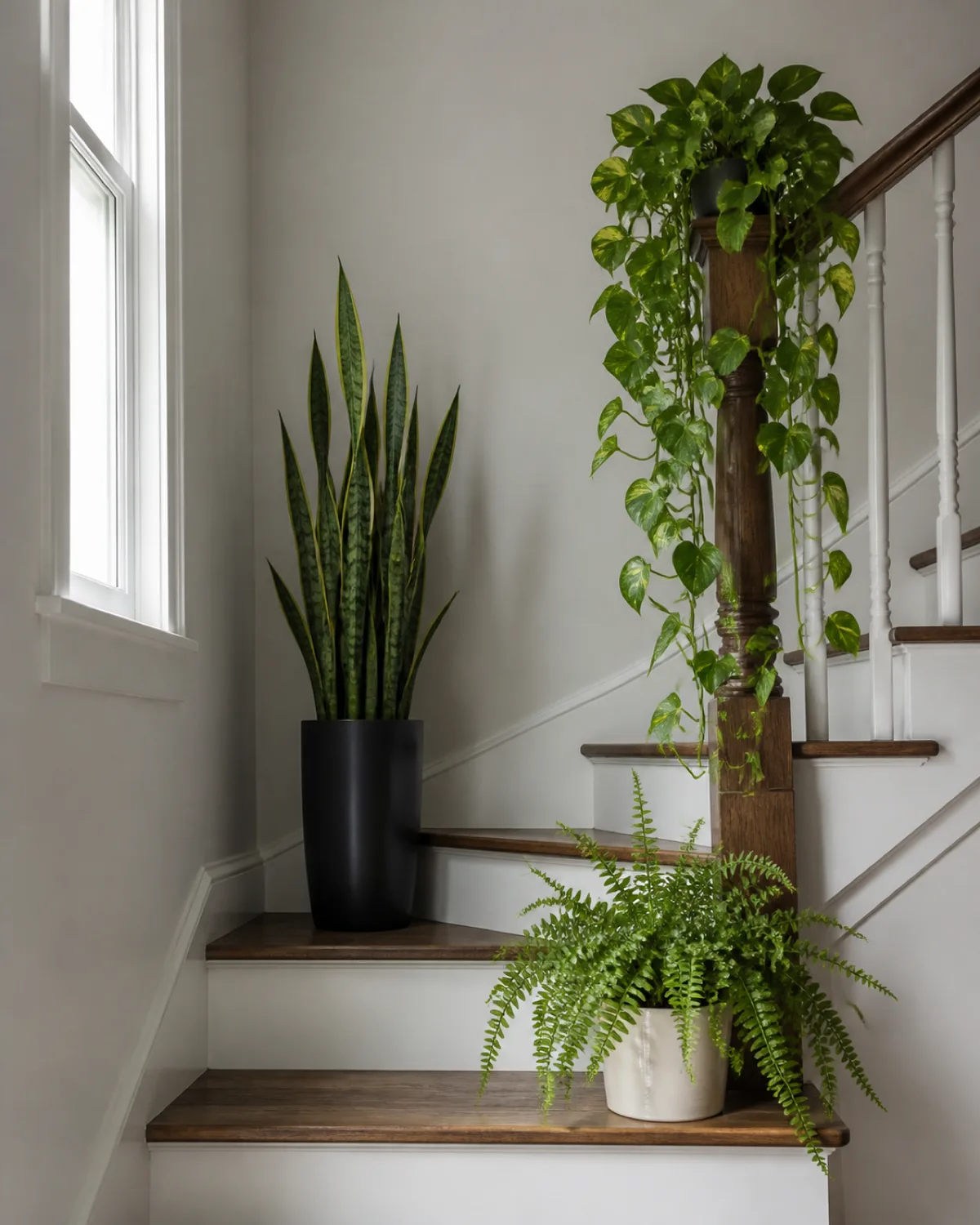 A staircase landing corner with a tall snake plant in a narrow black pot a golden pothos trailing from the railing post above and a small Boston fern on the edge of a step wooden staircase with white painted risers vertical green cascade