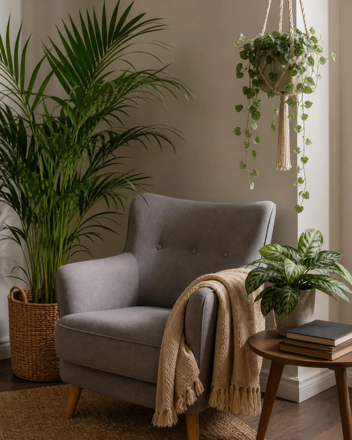 A cozy reading corner with a gray armchair and a tall areca palm in a rattan basket behind it a Chinese evergreen on a side table and delicate string of hearts trailing from a macrame hanger with a warm throw blanket and books soft indirect light