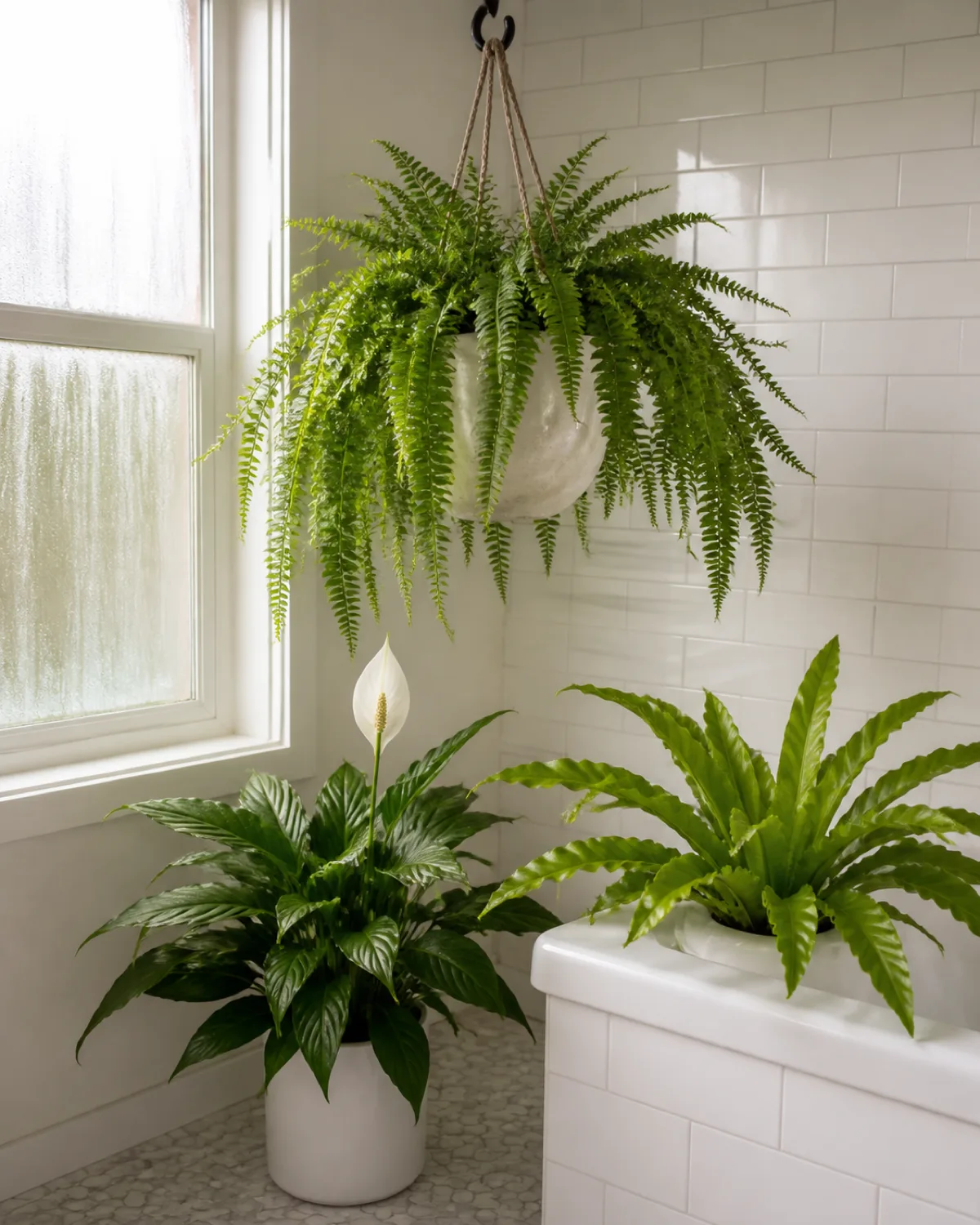 A steamy bathroom corner with a lush Boston fern in a hanging ceramic pot a peace lily on the floor with a white spathe bloom and a bird nest fern on the bathtub surround high humidity white subway tile clean spa aesthetic