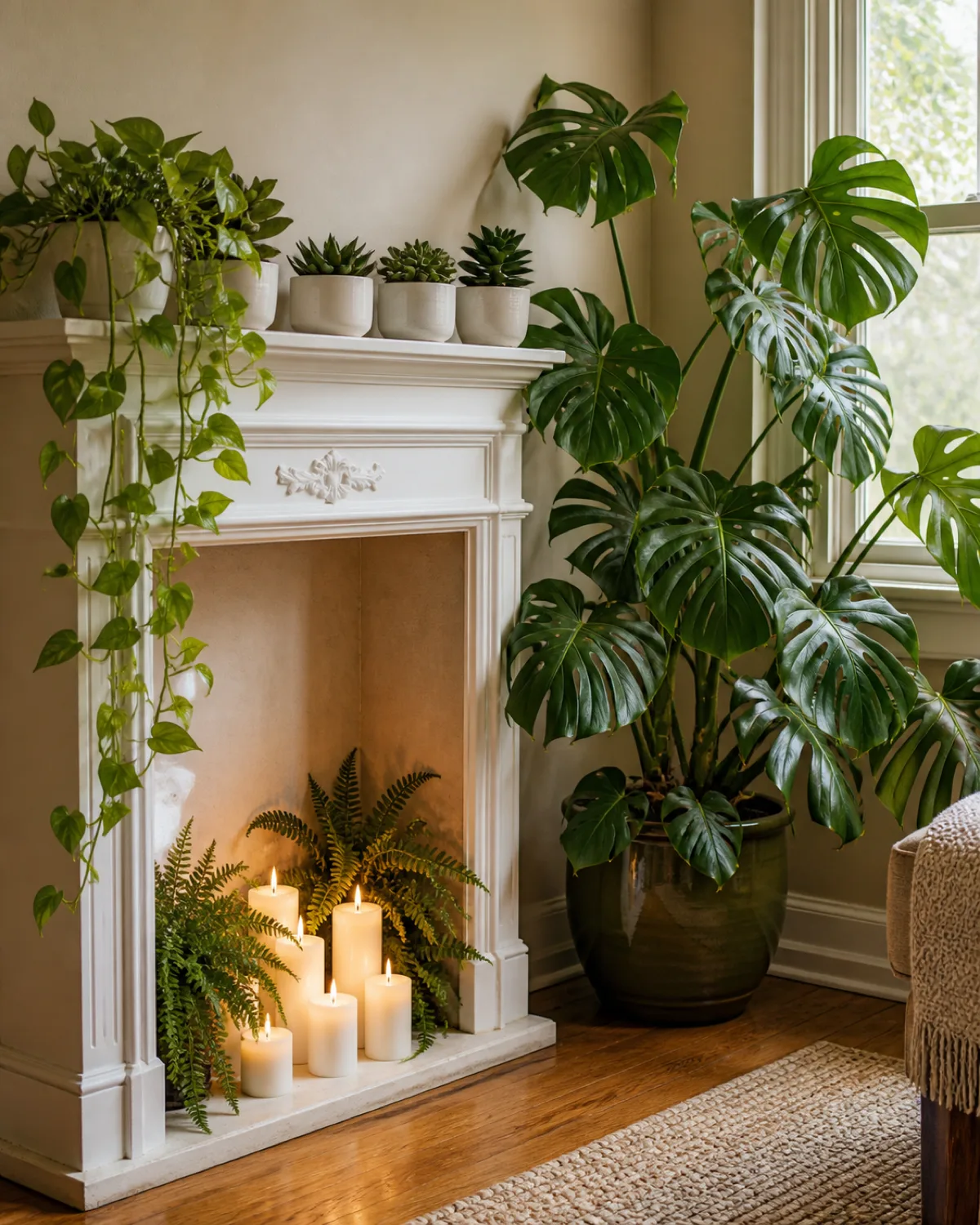 A non-functional fireplace with white mantel and a large monstera beside it in a dark olive pot with succulents on the mantelpiece and pothos trailing from the mantel edge inside the empty fireplace candles surrounded by small ferns warm ambient light