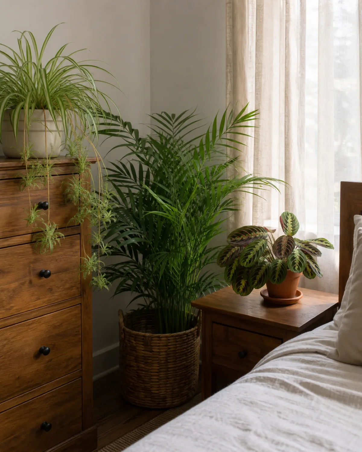 A serene bedroom corner with a spider plant on a dresser with baby plantlets dangling a prayer plant on a nightstand and a parlor palm in a woven basket on the floor between dresser and bed soft morning light through linen curtains calming atmosphere