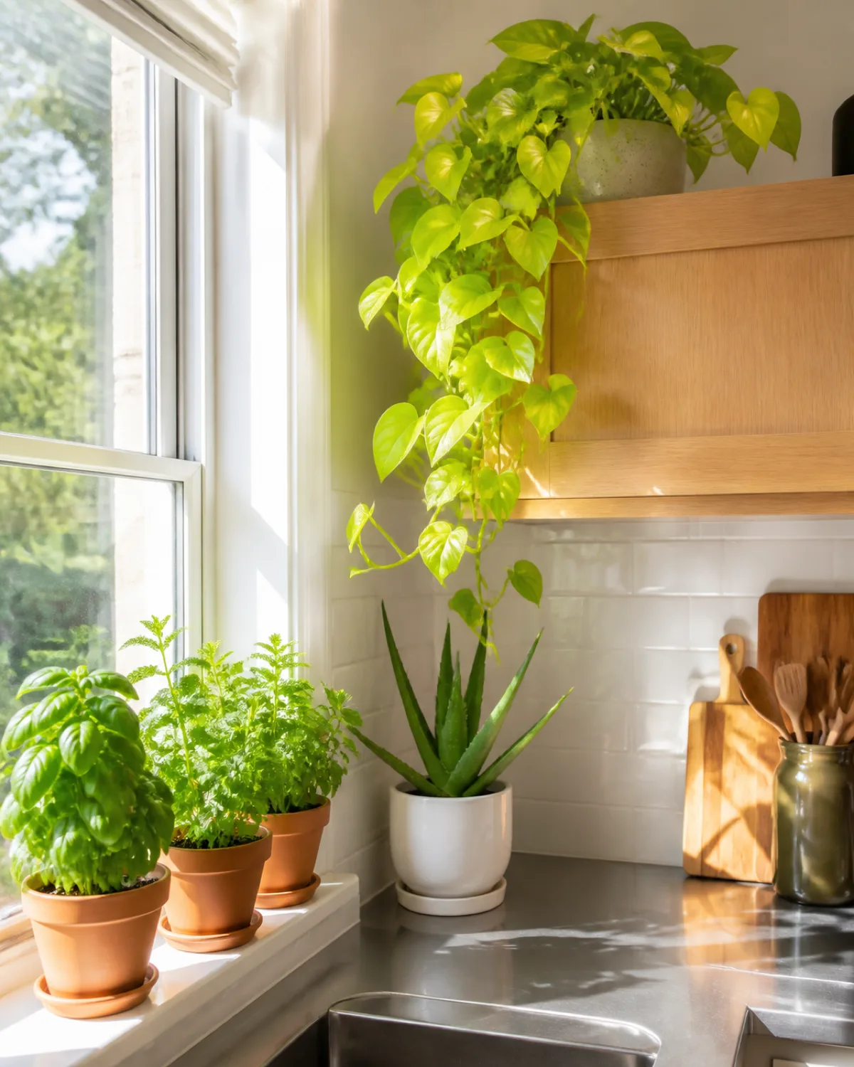 A functional kitchen corner with herbs in terracotta pots on the windowsill a compact aloe vera on the countertop corner and trailing neon pothos from the upper cabinet bright clean kitchen with warm morning light