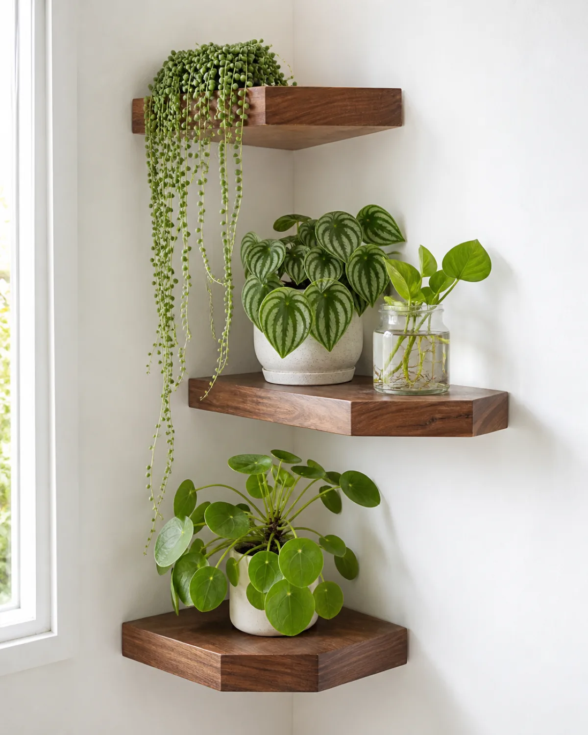 A corner where two walls meet with three floating wooden shelves at staggered heights with trailing string of pearls from the top a peperomia and propagation jar on the middle and a Chinese money plant on the bottom white walls vertical garden gallery minimal floor space