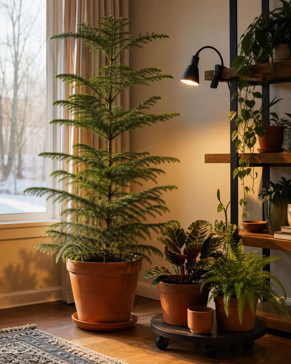 A bright corner showing seasonal plant rotation with a tall Norfolk Island pine and a grow light clipped to a shelf alongside tropical calathea and fern on a rolling plant caddy ready to swap in matching pots in two sizes late afternoon winter light cozy interior